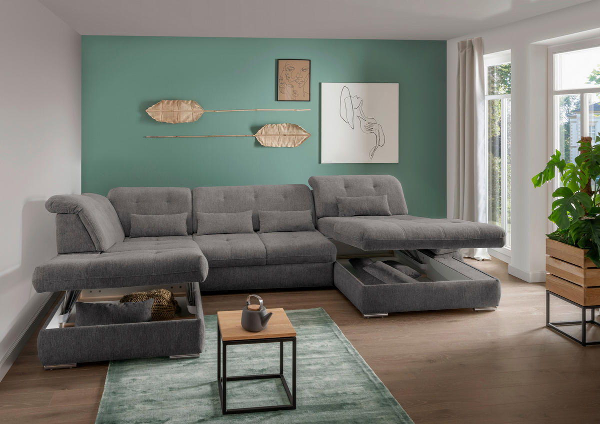 WOHNLANDSCHAFT in Chenille Braun, Grau  - Chromfarben/Braun, Design, Textil/Metall (254/376/195cm) - Livetastic