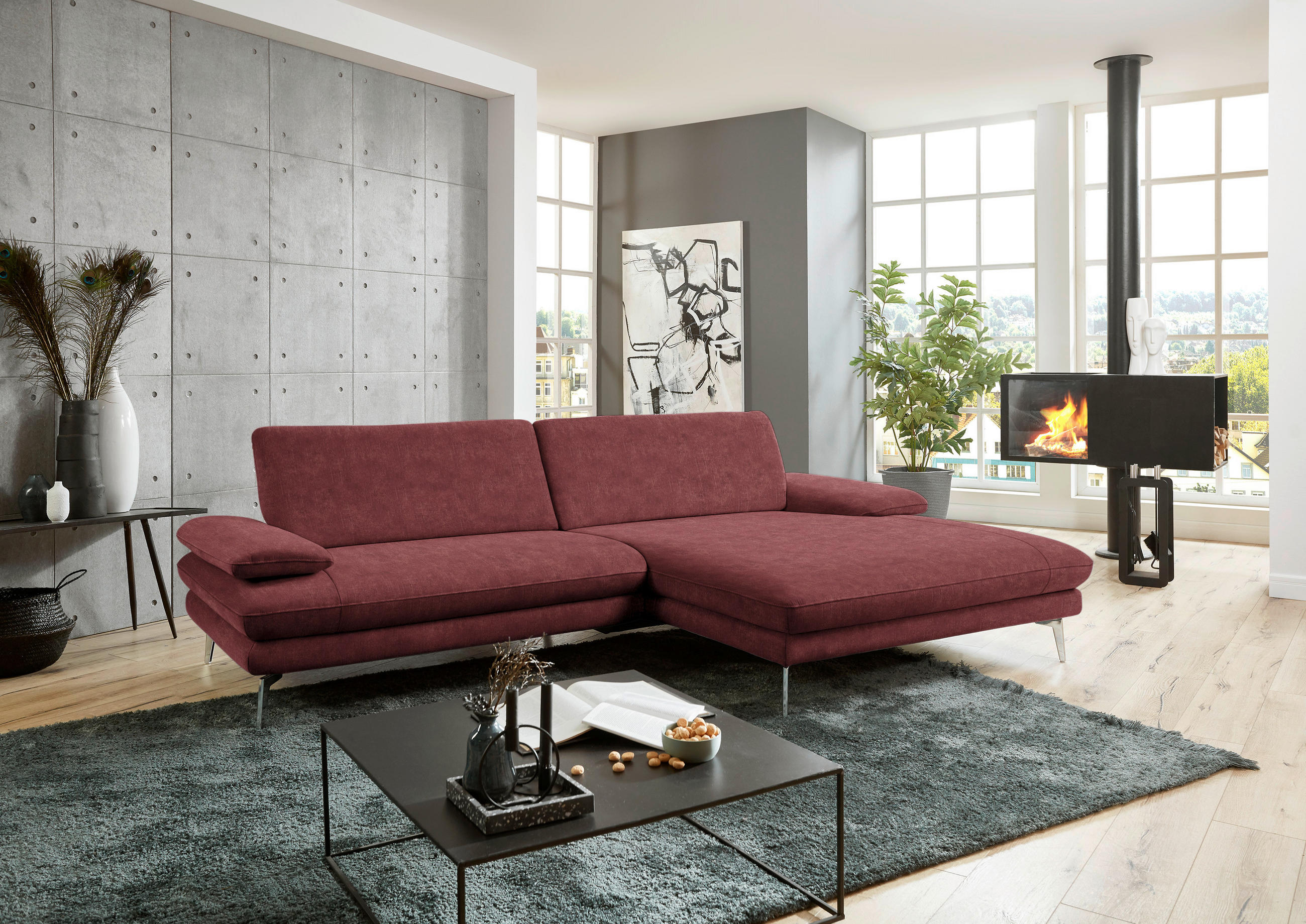 ECKSOFA in Velours Weinrot  - Weinrot/Schwarz, Design, Textil/Metall (284/184cm) - Dieter Knoll