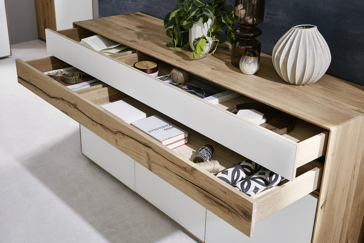 SIDEBOARD Solida Weiss, Eichefarben  152/90,3/47,6 cm  - Weiss/Eichefarben, Design, Glas/Holz (152/90,3/47,6cm) - Valnatura