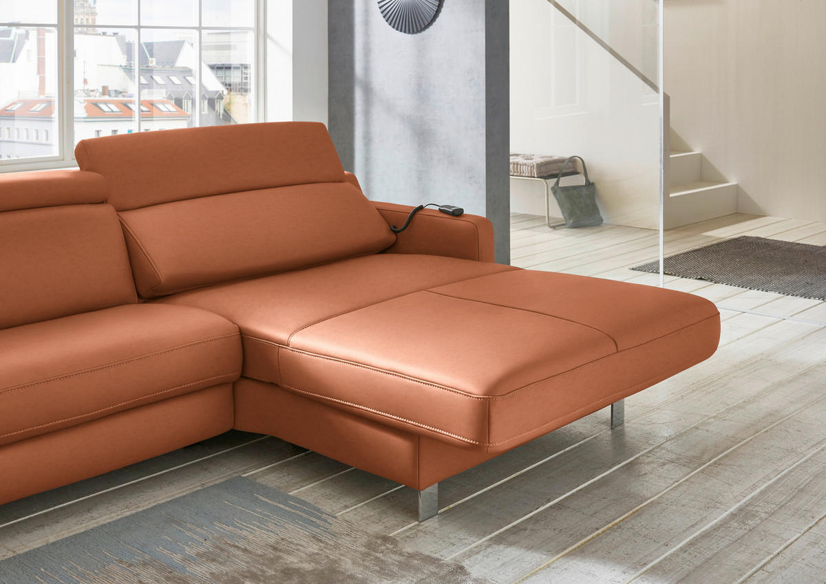 ECKSOFA in Echtleder Cognac  - Chromfarben/Cognac, Design, Leder/Metall (291/176cm) - Valdera
