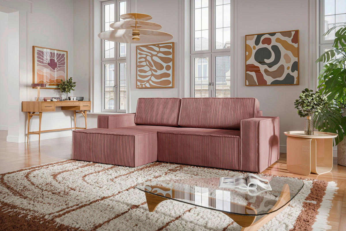 ECKSOFA inkl. Funktionen Altrosa Cord  - Schwarz/Altrosa, MODERN, Kunststoff/Textil (149/245cm) - Stylife