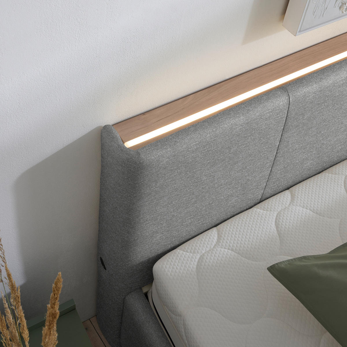 POLSTERBETT Beleuchtung, Lattenrost, Bettkasten Grau 160/200 cm  - Birkefarben/Grau, Design, Holz/Holzwerkstoff (160/200cm) - Lomoco