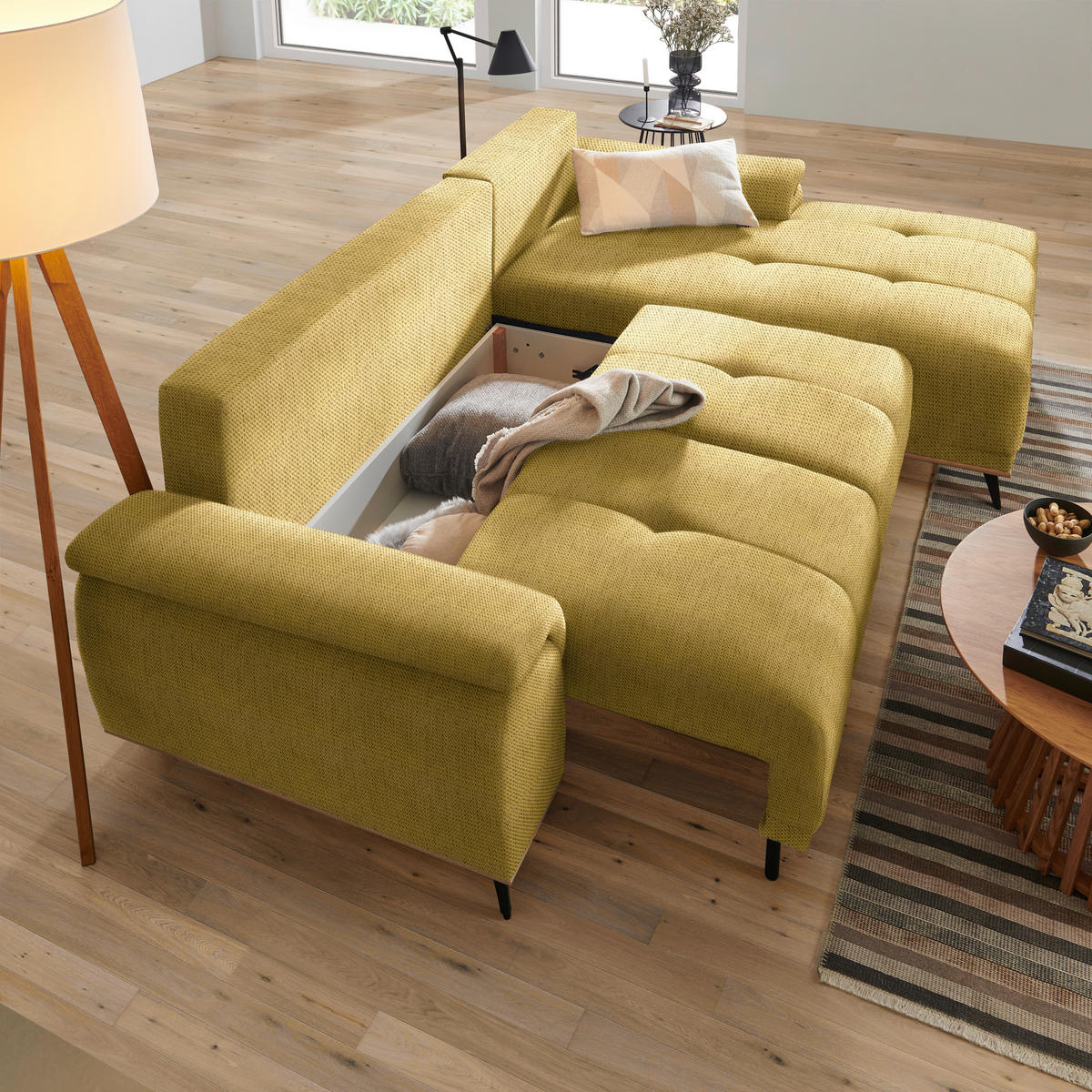 ECKSOFA in Chenille Goldfarben  - Goldfarben/Schwarz, MODERN, Textil/Metall (262/168cm) - home24