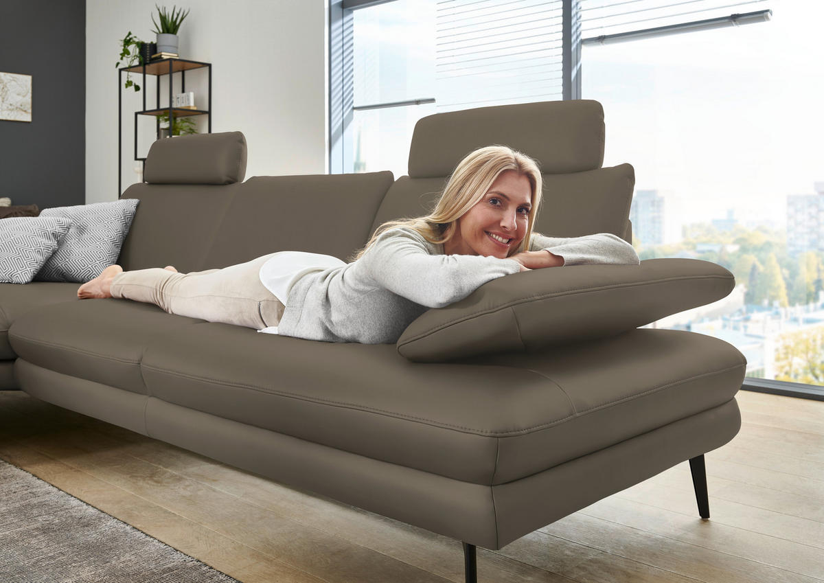 ECKSOFA in Echtleder Greige  - Greige/Schwarz, Design, Leder/Metall (180/310cm) - Dieter Knoll
