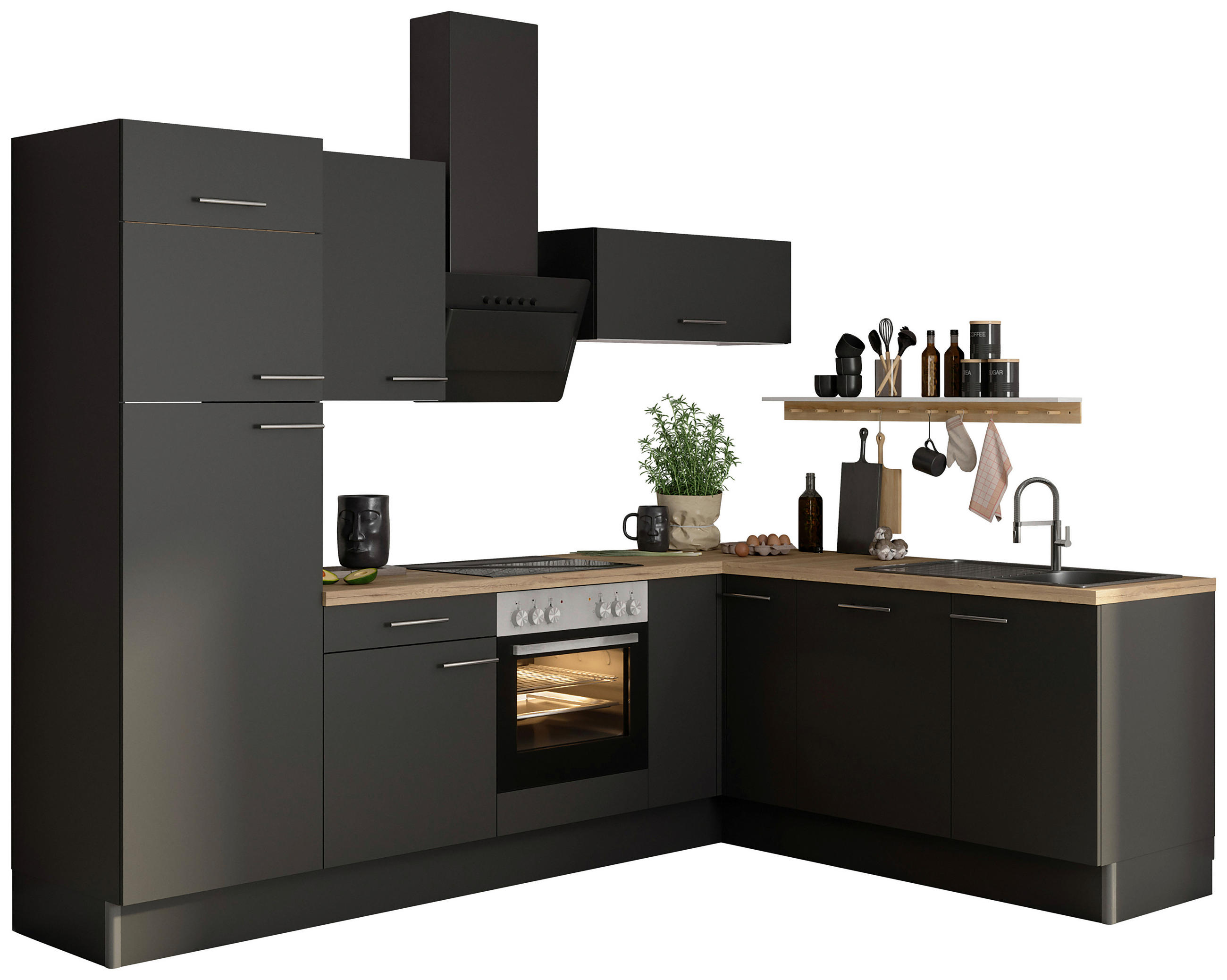 ECKKÜCHE 270/200 cm  in Anthrazit  - Edelstahlfarben/Eichefarben, Basics, Holzwerkstoff/Metall (270/200cm) - Optifit