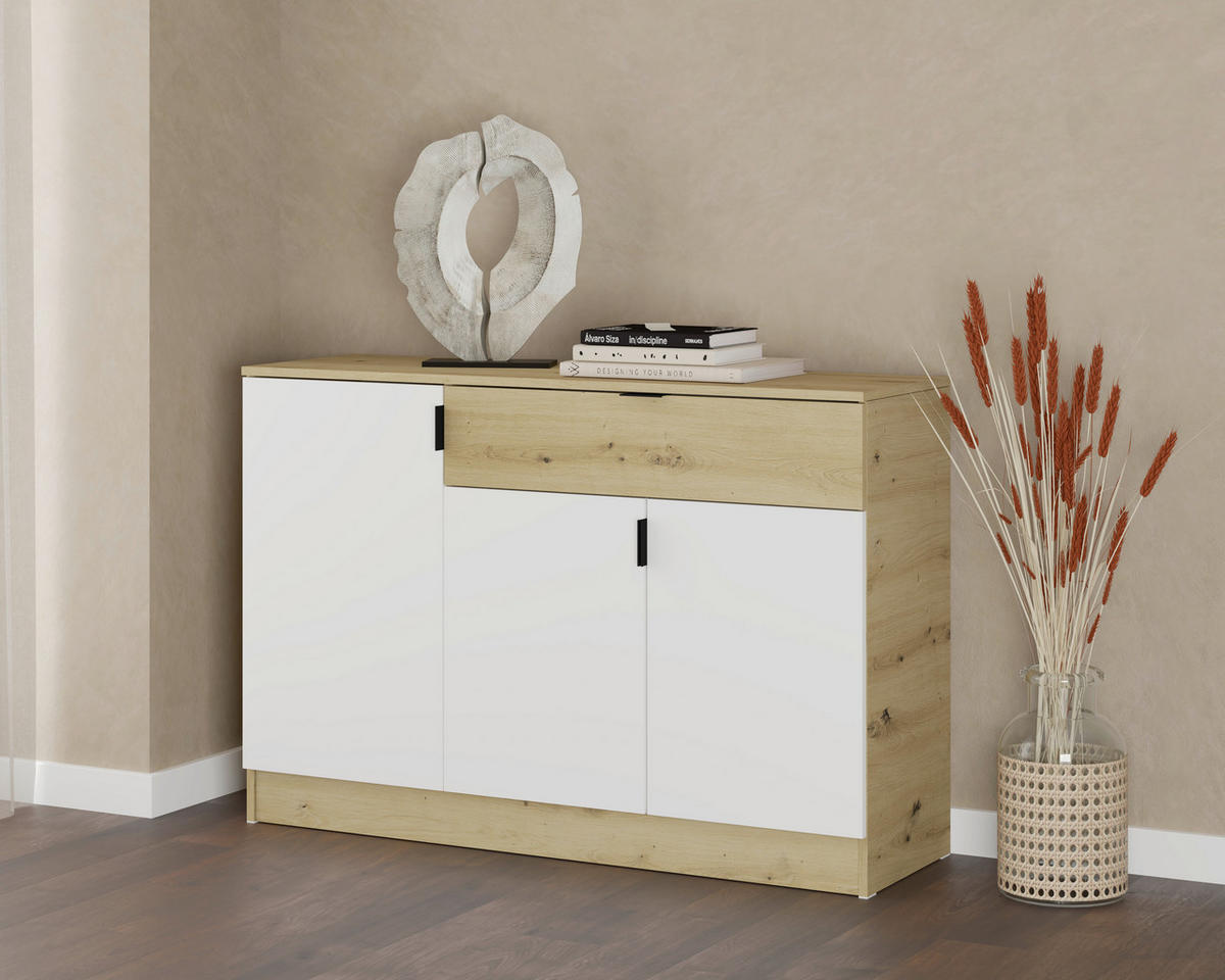 KOMODA   123.2/40/85 cm   bijela, hrast Artisan  - bijela/hrast Artisan, Design, drvni materijal/metal (123.2/40/85cm)