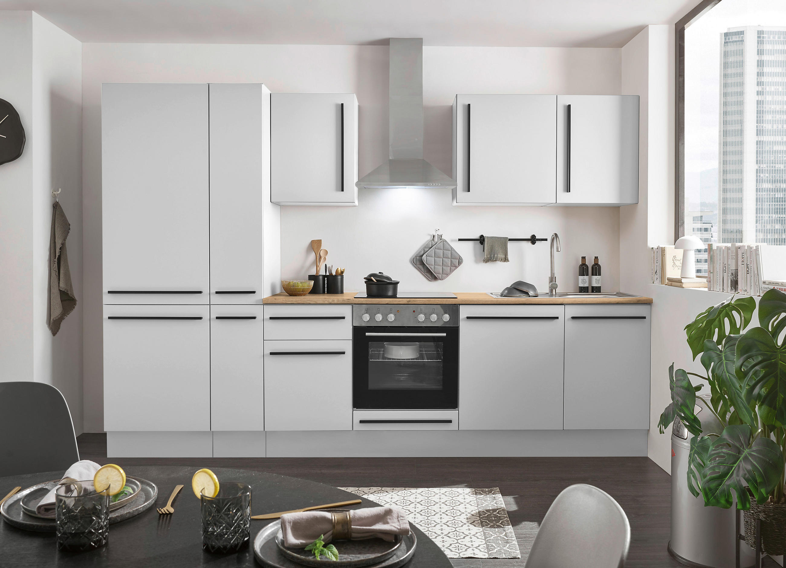 KÜCHENBLOCK 310 cm   in Weiß, Eichefarben  - Eichefarben/Schwarz, Design, Holzwerkstoff/Kunststoff (310cm) - MID.YOU