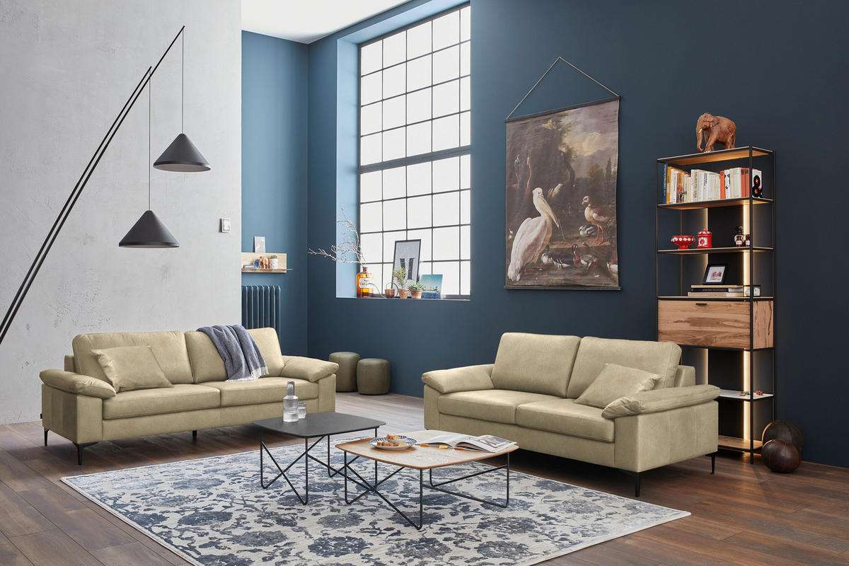 2,5-SITZER  in Echtleder Beige   - Beige/Schwarz, Design, Leder/Metall (204/83/97cm) - Schöner Wohnen