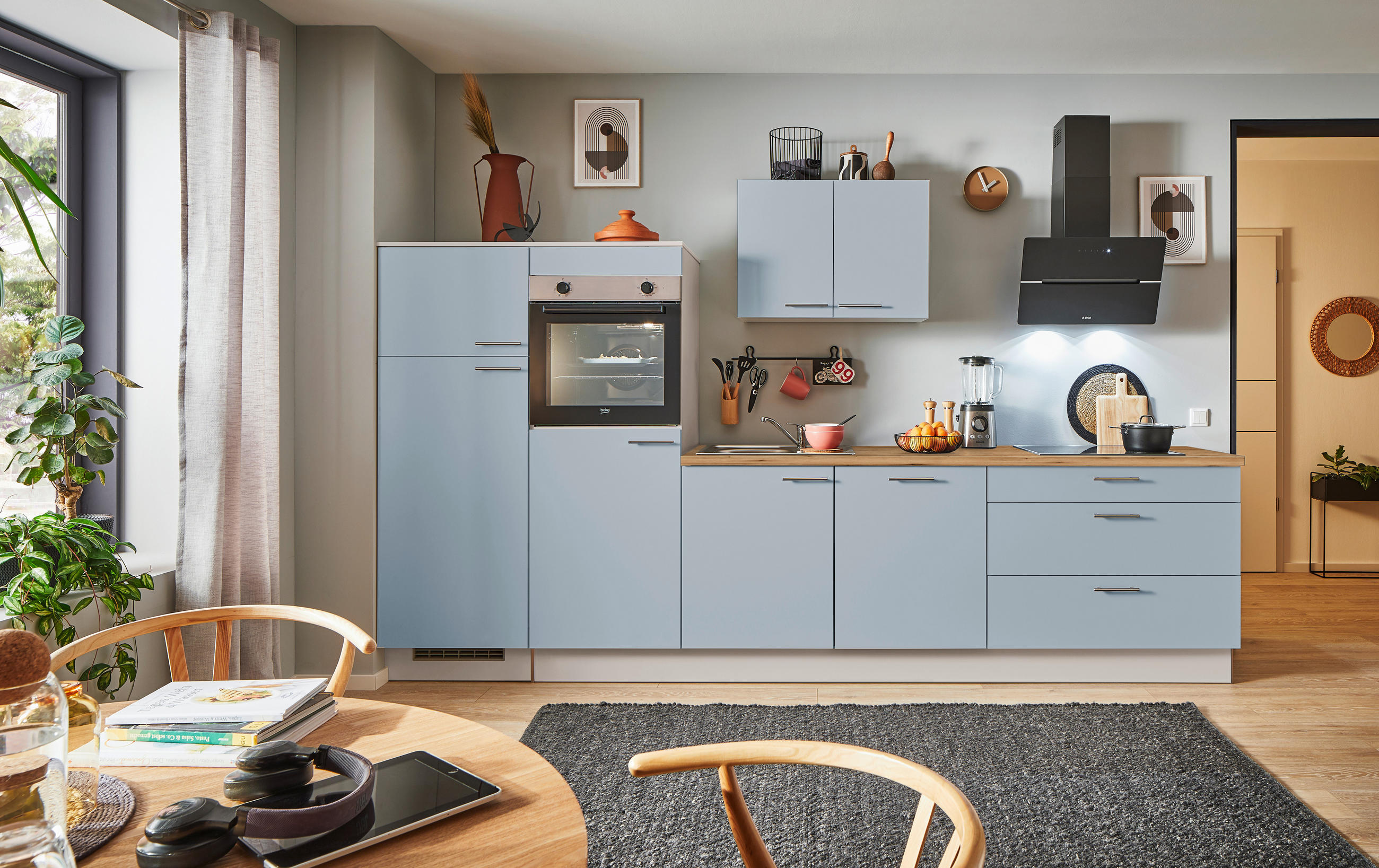 KÜCHENBLOCK PN 105 340 cm  in Eichefarben, Kaschmir, Pastellblau  - Kaschmir/Edelstahlfarben, Design, Holzwerkstoff/Metall (340cm) - Pino