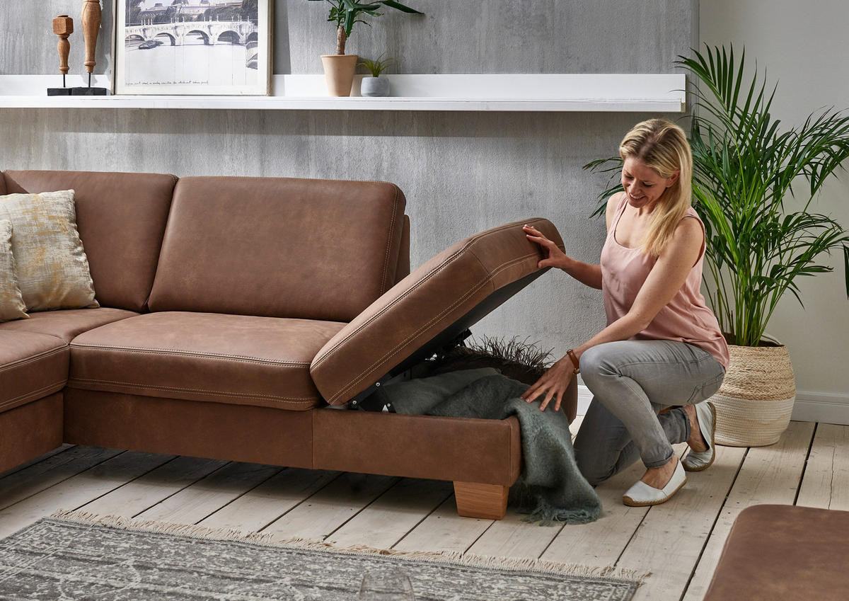 ECKSOFA in Echtleder Braun  235/274 cm  - Eichefarben/Beige, KONVENTIONELL, Leder/Holzwerkstoff (235/274cm) - Beldomo Premium