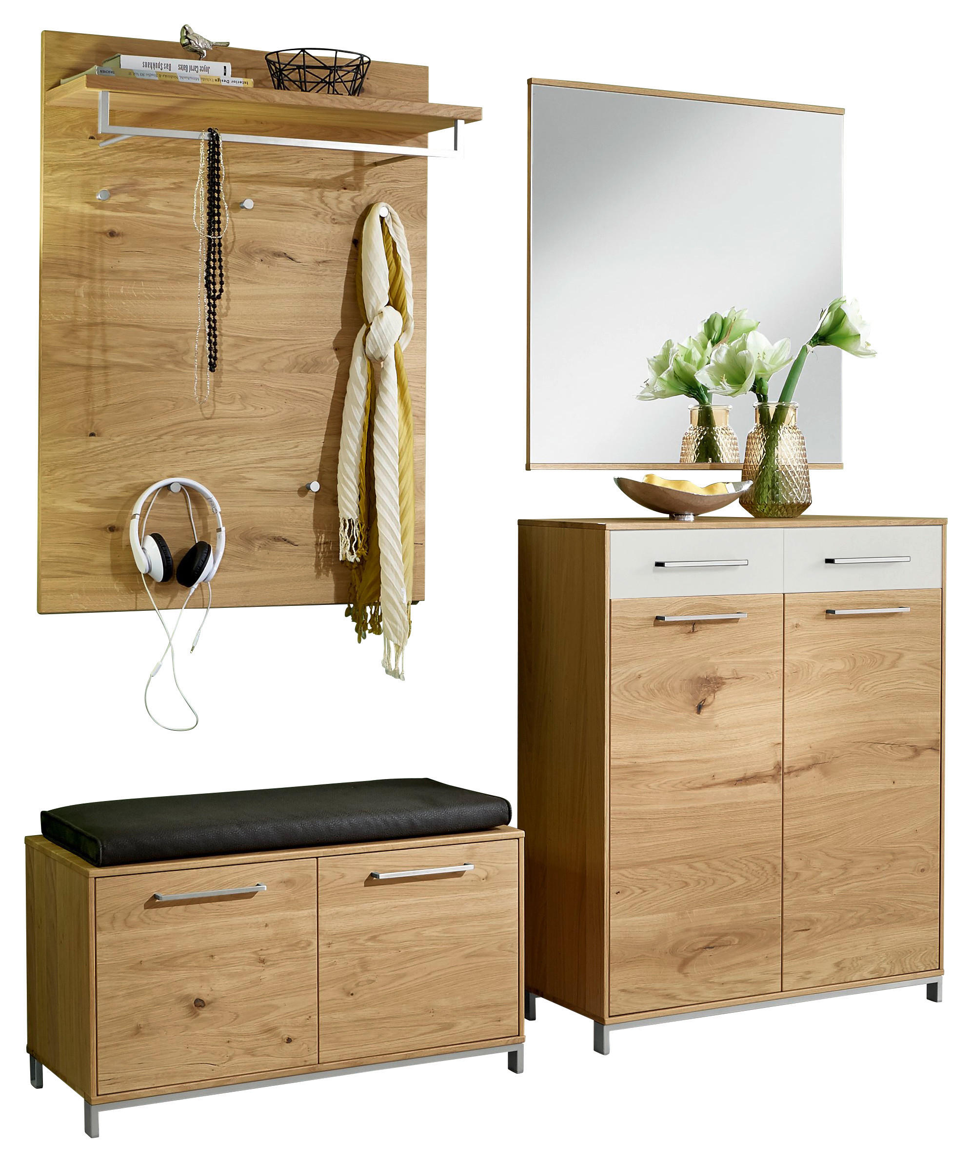 GARDEROBE Weiß, Eichefarben - Eichefarben/Weiß, Design, Glas/Holz (180/195/40cm)