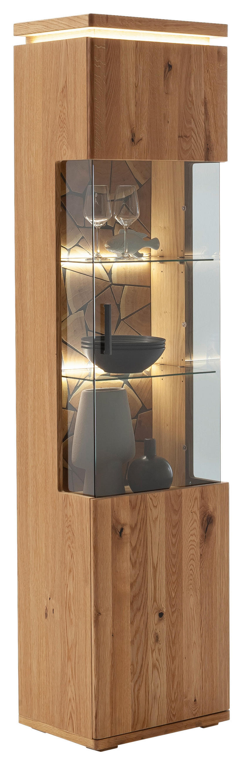 VITRINA, furnirano, masivno hrastova prečka siva, barve hrasta - siva/barve hrasta, Natur, kovina/steklo (50/204/37cm) - Linea Natura