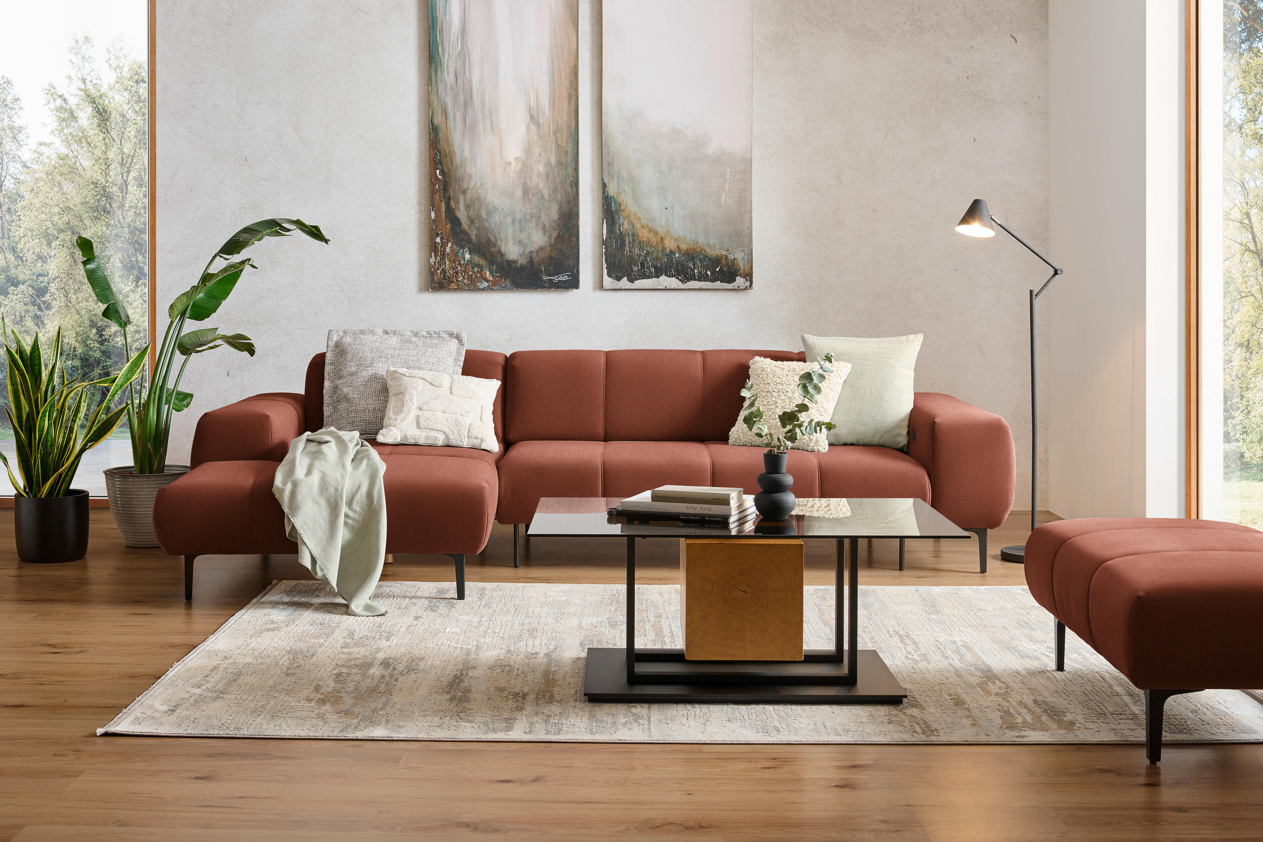 ECKSOFA in Chenille Cognac  - Cognac/Schwarz, Design, Textil/Metall (167/311cm) - Xora