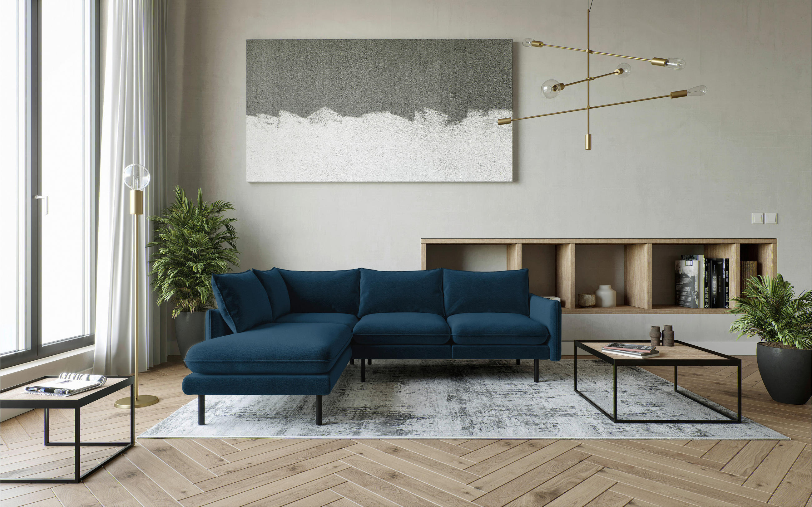 ECKSOFA Blau Flachgewebe  - Blau/Schwarz, Design, Textil/Metall (204/267cm) - Livetastic