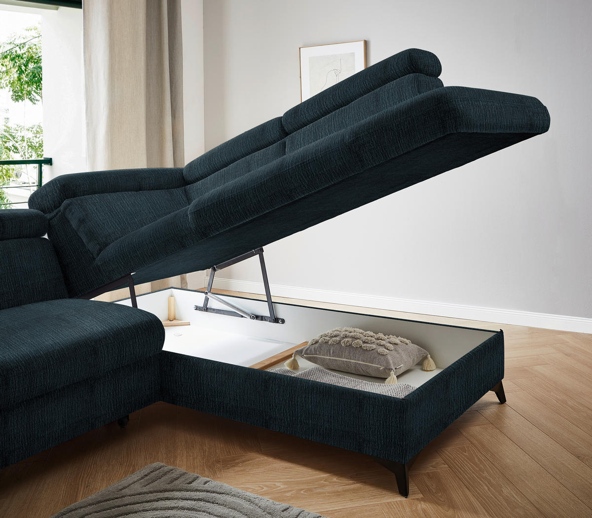 ECKSOFA in Flachgewebe Dunkelblau  - Schwarz/Dunkelblau, Design, Textil/Metall (260/203cm) - Stylife
