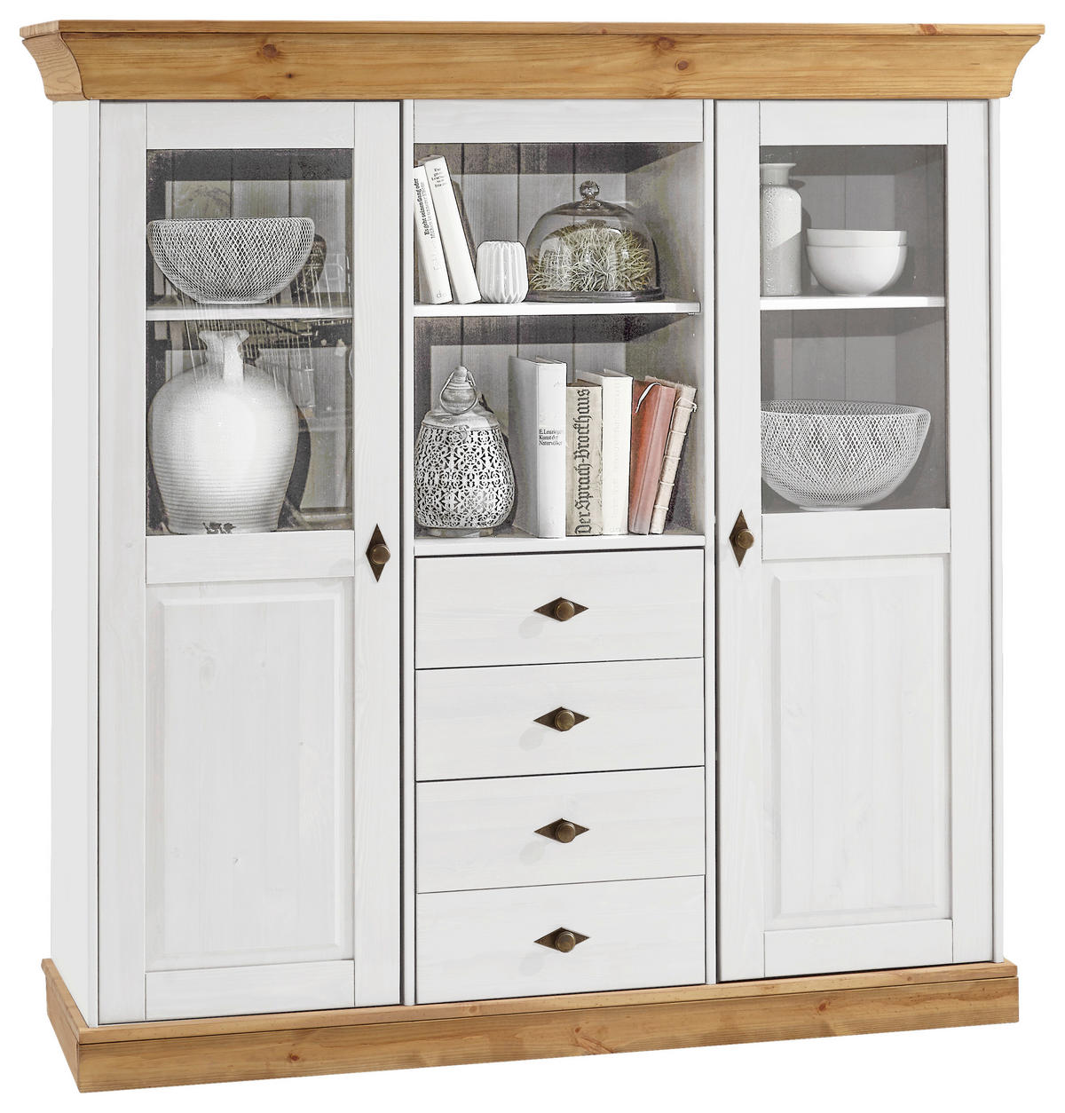 HIGHBOARD  in 143/145/45 cm  - Laugenfarbig/Weiß, ROMANTIK / LANDHAUS, Glas/Holz (143/145/45cm) - Boxxx