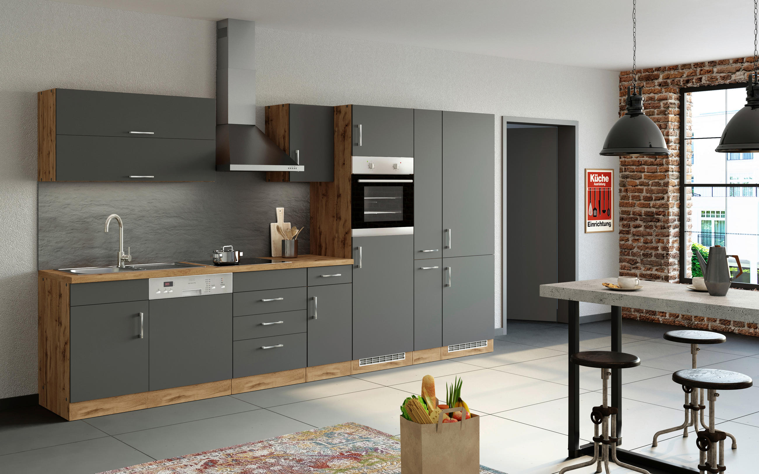KÜCHENLEERBLOCK 360 cm   in Anthrazit  - Eichefarben/Anthrazit, MODERN, Holzwerkstoff (360cm) - Held