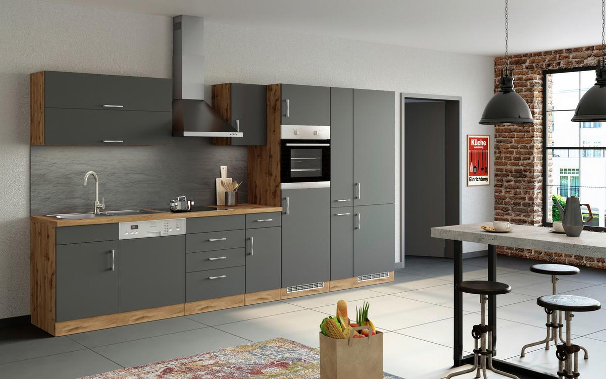 KÜCHENBLOCK 360 cm   in Anthrazit, Eiche Wotan  - Chromfarben/Anthrazit, MODERN, Holzwerkstoff/Metall (360cm) - Held