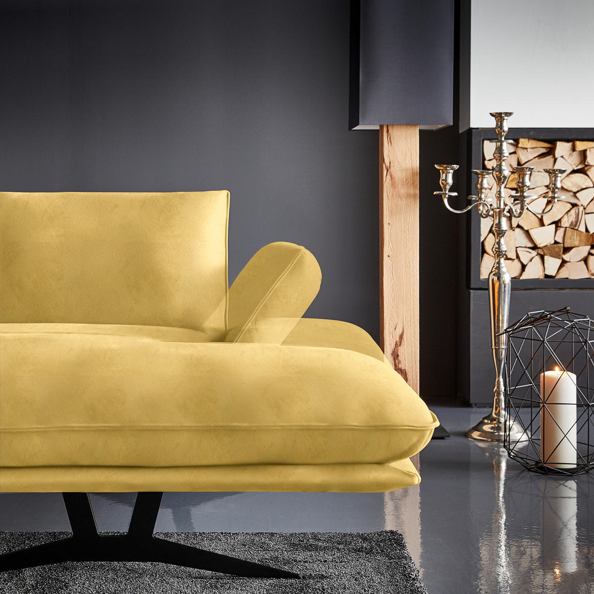 WOHNLANDSCHAFT in Echtleder Gelb  - Gelb/Schwarz, Natur, Leder/Metall (217/359/155cm) - Dieter Knoll