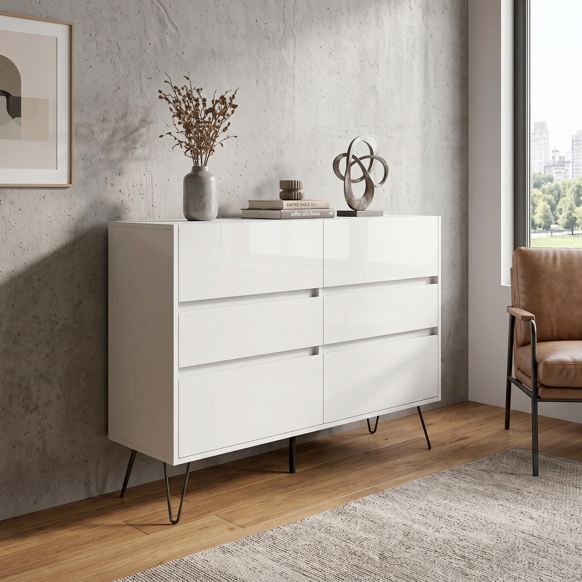 SIDEBOARD Posseik Industrial 120/93,6/42 cm 6 Schublade(n)  - Weiß Hochglanz/Schwarz, Design, Holzwerkstoff/Metall (120/93,6/42cm) - MID.YOU