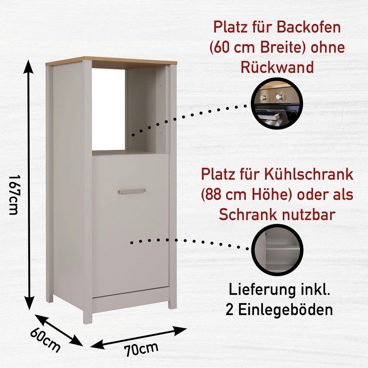 GERÄTEUMBAUSCHRANK 70/167/60 cm  in Kaschmir, Eiche Artisan  - Kaschmir/Silberfarben, ROMANTIK / LANDHAUS, Holzwerkstoff/Metall (70/167/60cm) - home24