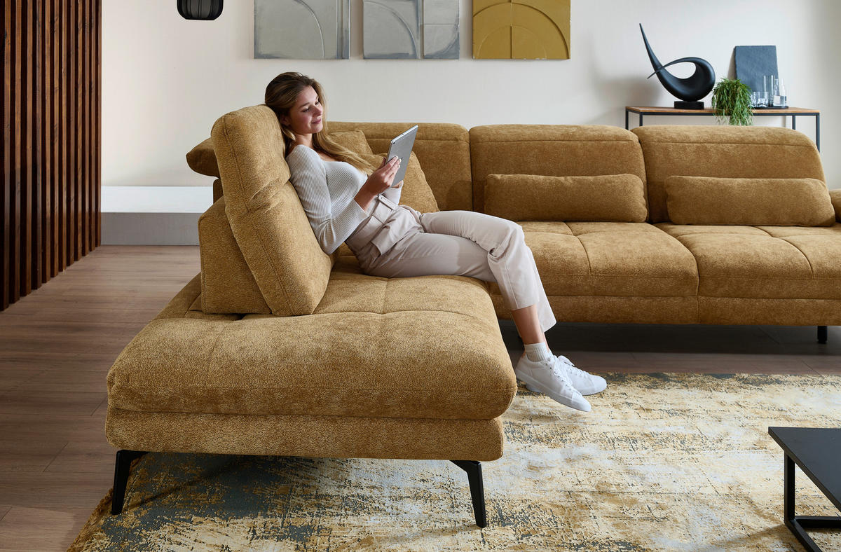 ECKSOFA Beldomo System Dunkelgelb Chenille Rücken echt, Kopfteilverstellung  - Dunkelgelb/Schwarz, Design, Textil/Metall (235/311cm) - Beldomo System