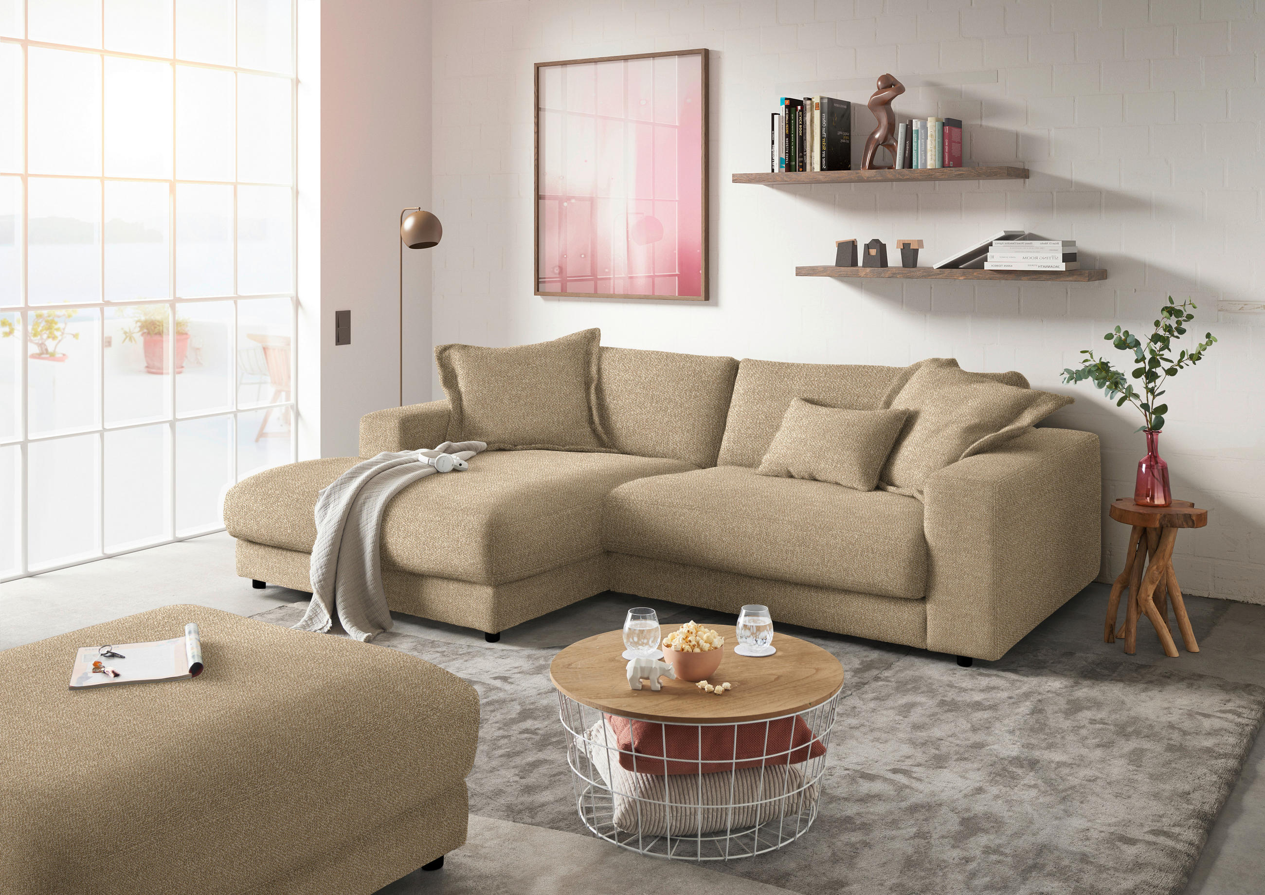 ECKSOFA in Flachgewebe Sandfarben  - Sandfarben/Schwarz, Design, Kunststoff/Textil (190/270cm) - Lomoco