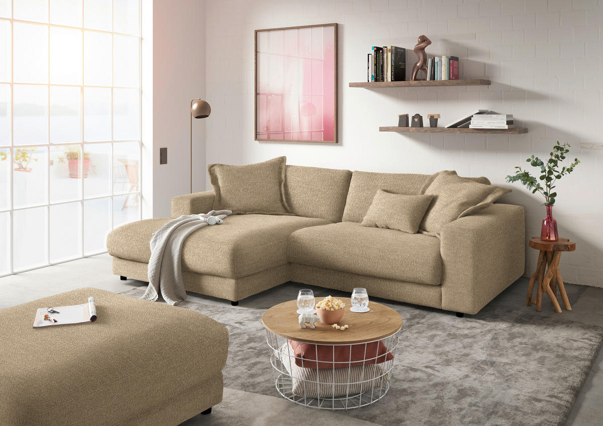 ECKSOFA in Flachgewebe Sandfarben  - Sandfarben/Schwarz, Design, Kunststoff/Textil (190/270cm) - Lomoco