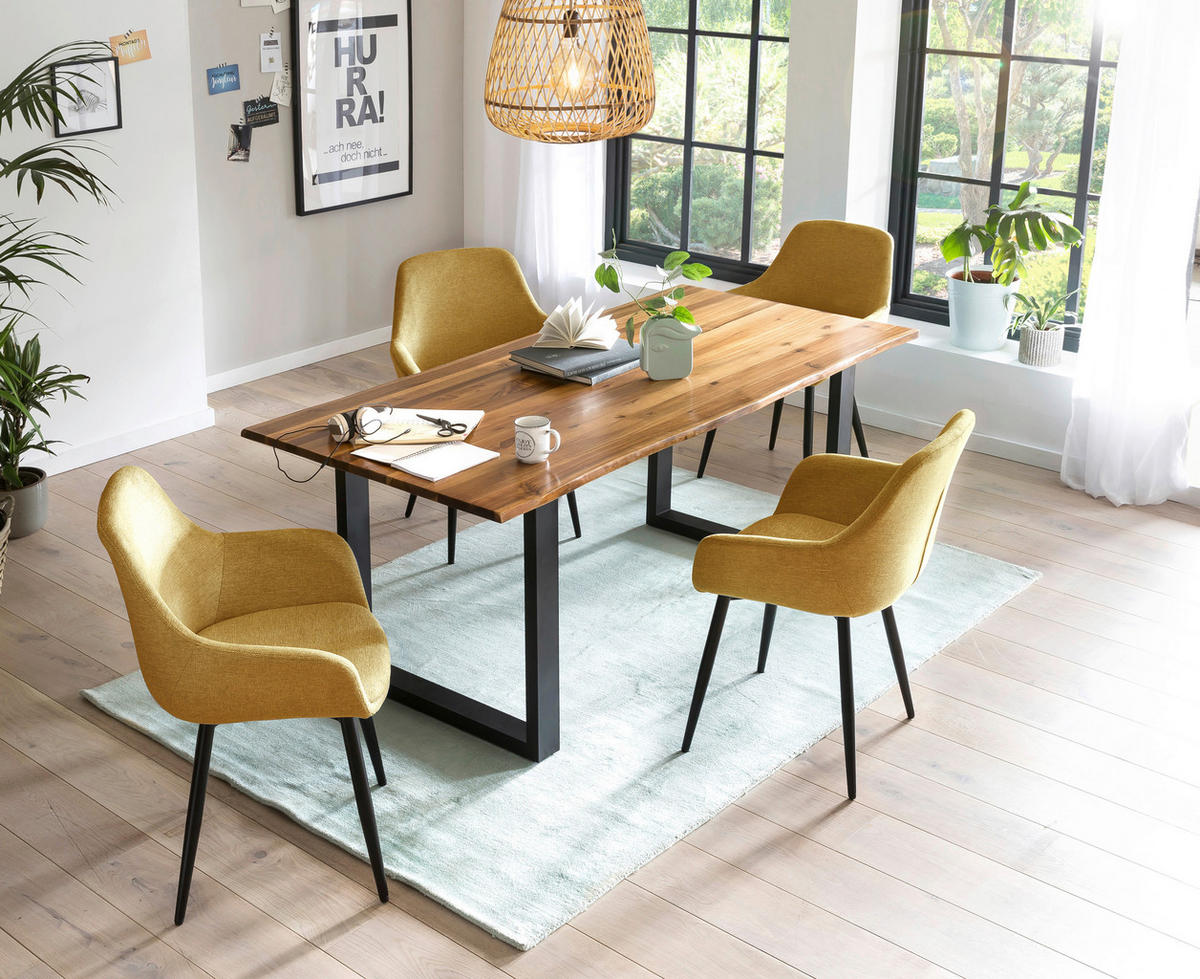 TISCHGRUPPE Struktur Akazie massiv Gelb, Cognac  - Cognac/Gelb, MODERN, Holz/Textil (160/85/77cm) - Livetastic