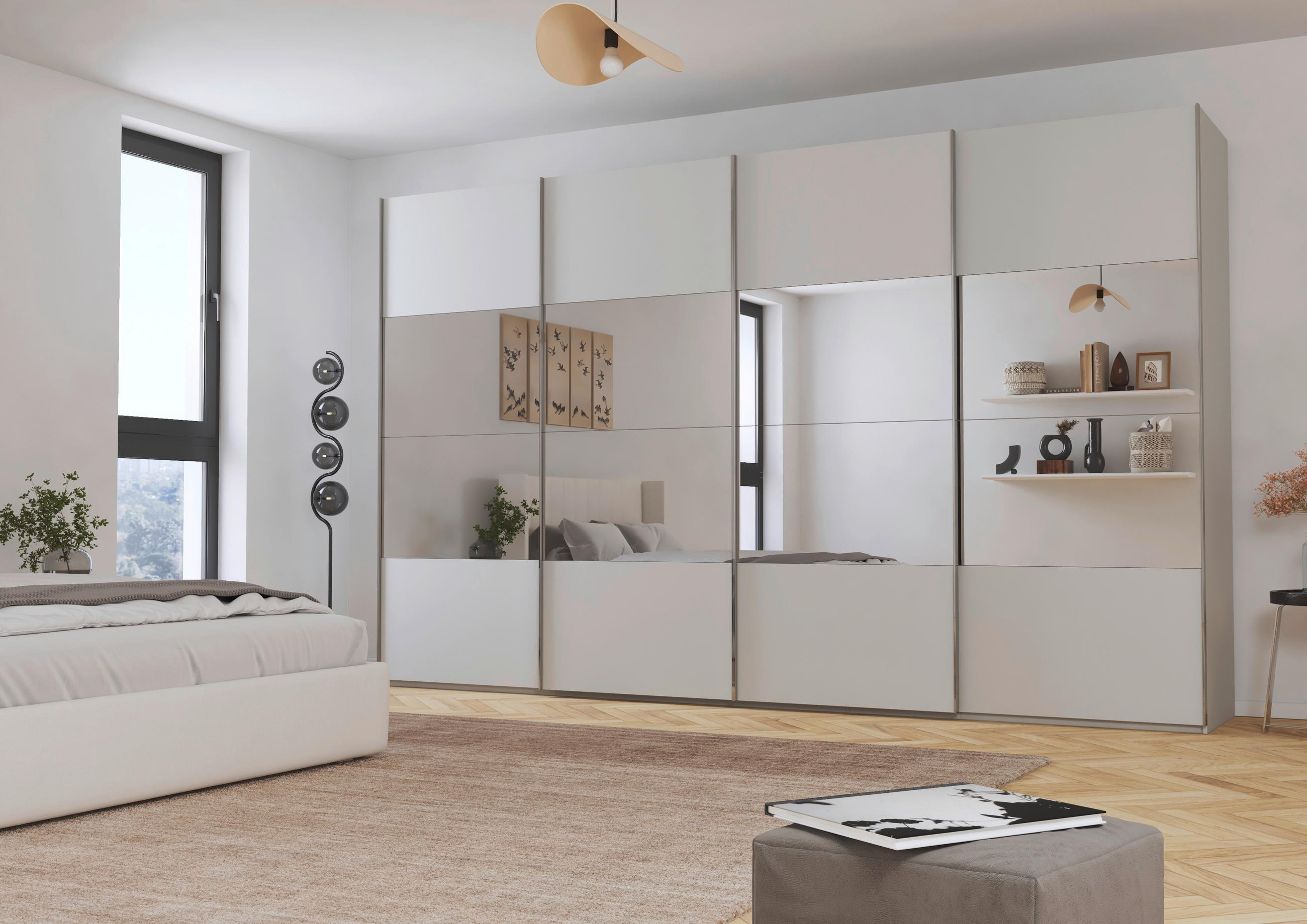 SCHWEBETÜRENSCHRANK 361/223/68 cm 4-türig Seidengrau  - Chromfarben/Seidengrau, Design, Glas/Holzwerkstoff (361/223/68cm) - Novel