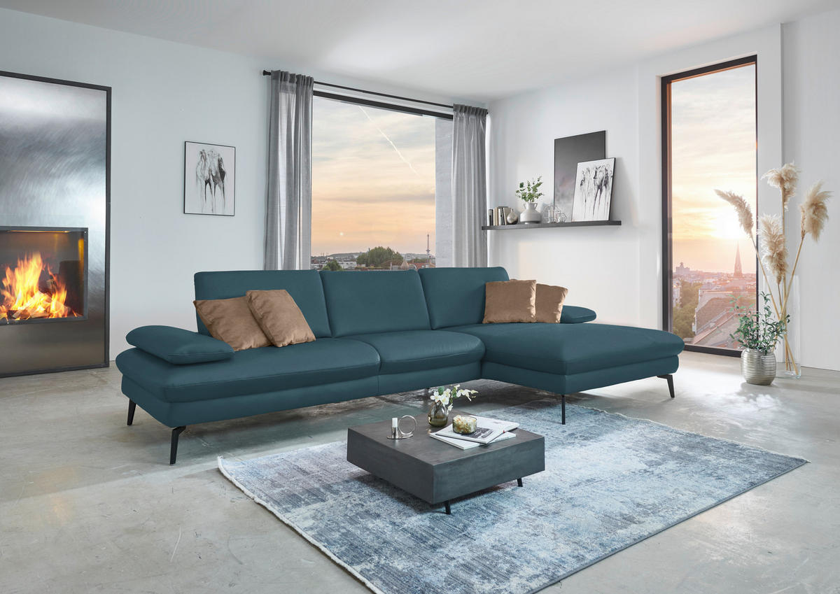 ECKSOFA in Echtleder Blau  - Blau/Schwarz, Design, Leder/Metall (325/157cm) - Dieter Knoll
