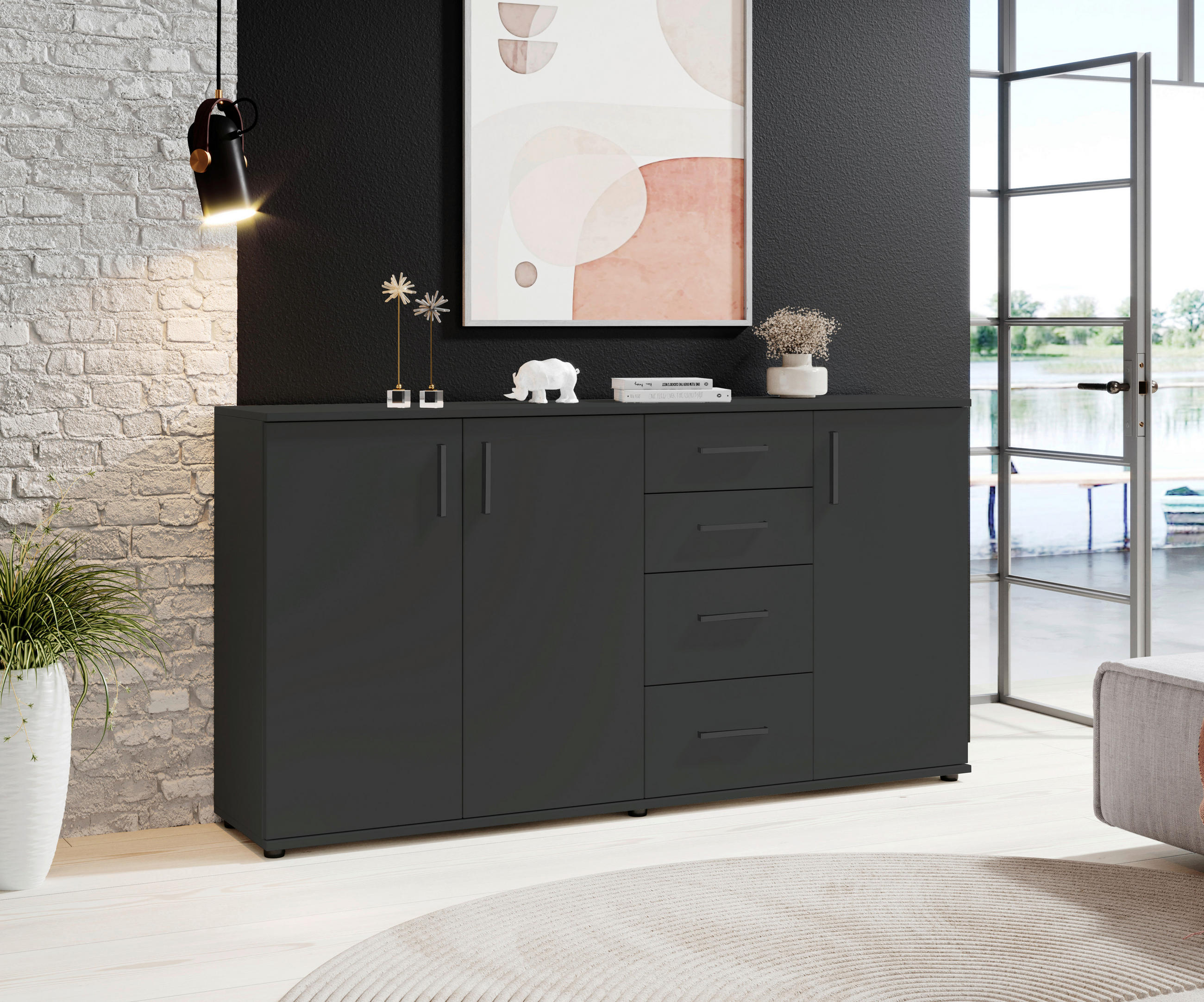 Sideboard Basel 160/84/35 cm  in Anthrazit  - Anthrazit/Schwarz, Design, Holzwerkstoff/Kunststoff (160/84/35cm) - Livetastic