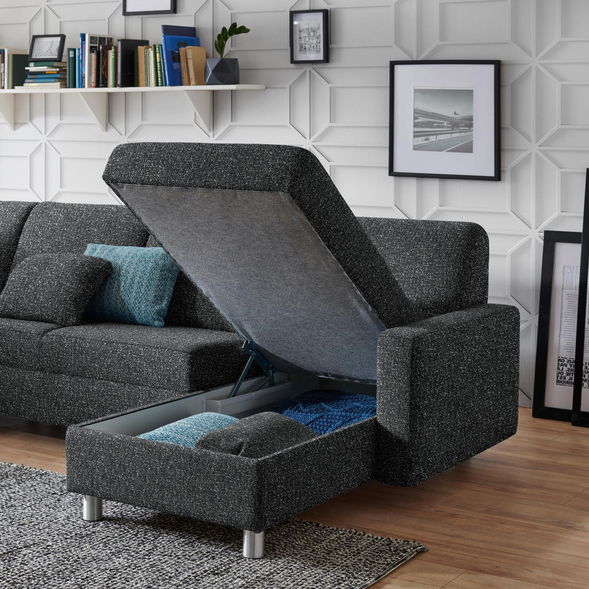 WOHNLANDSCHAFT  in Mikrovelours Anthrazit  - Anthrazit/Alufarben, KONVENTIONELL, Kunststoff/Textil (236/322/158cm) - Sedda