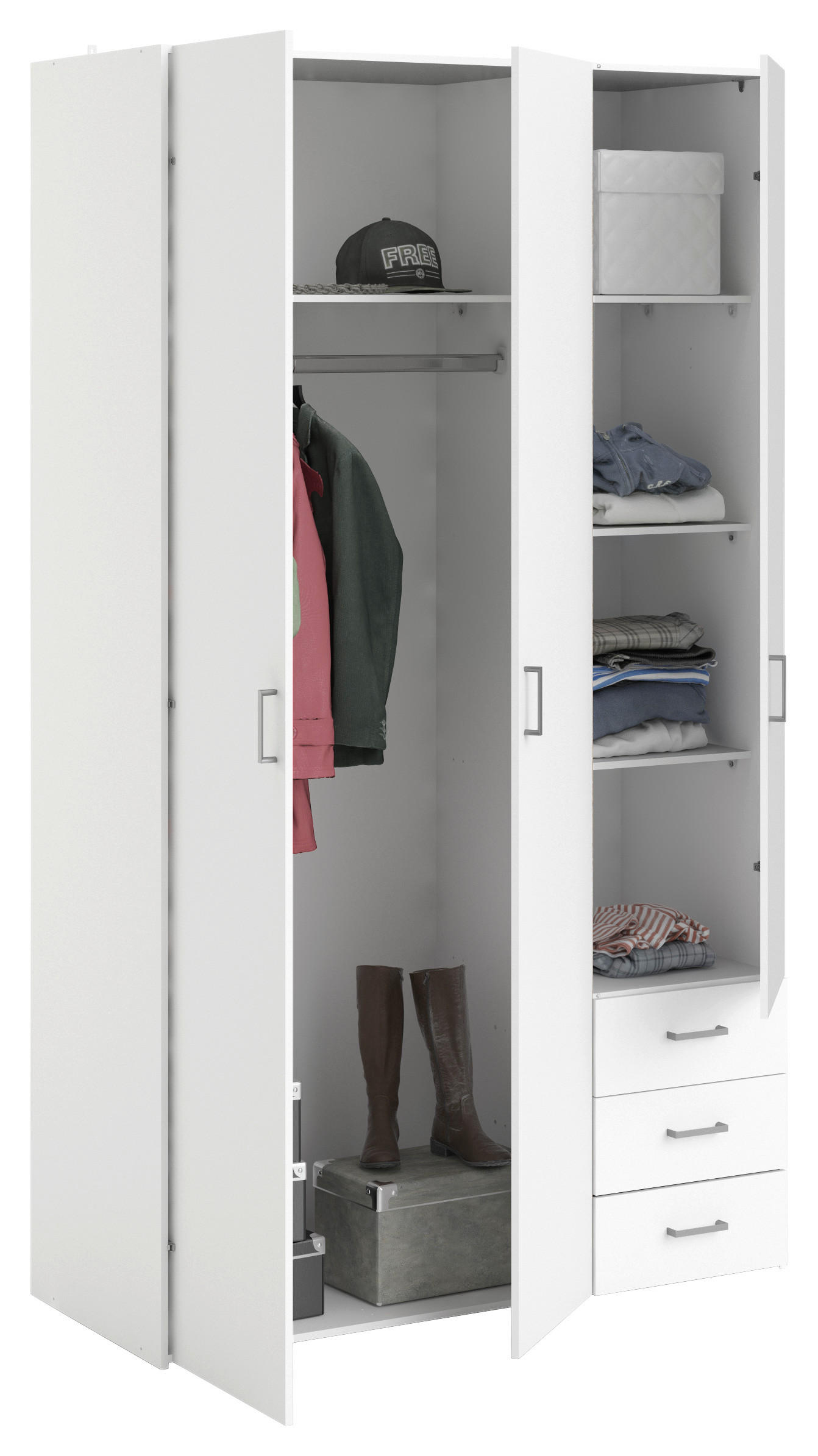 KLEIDERSCHRANK 115,8/200,4/49,5 cm 3-türig Weiß  - Silberfarben/Weiß, Basics, Holzwerkstoff/Metall (115,8/200,4/49,5cm) - MID.YOU