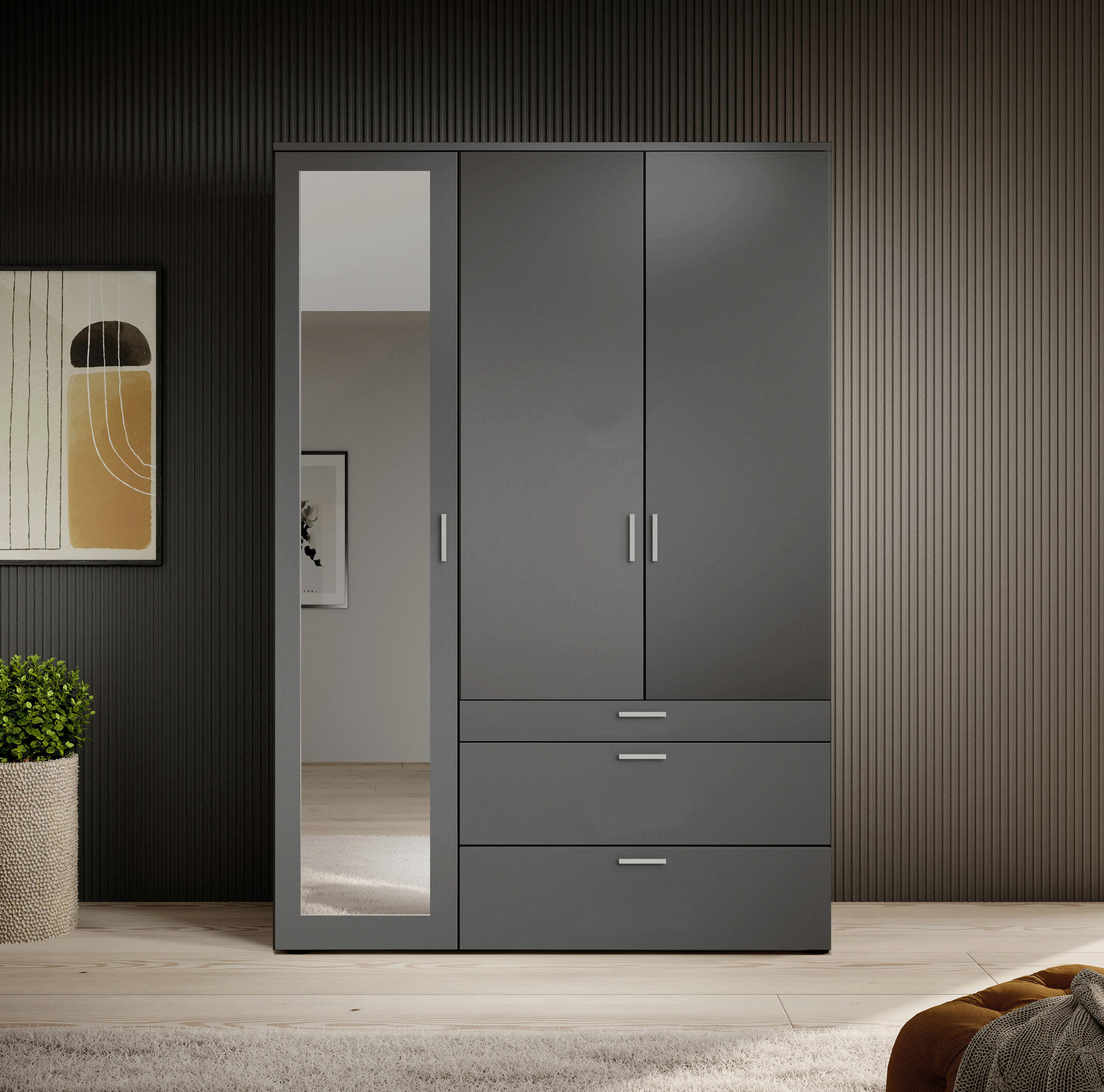 DREHTÜRENSCHRANK 135/195/56 cm 3-türig Graphitfarben  - Graphitfarben/Alufarben, MODERN, Glas/Holzwerkstoff (135/195/56cm) - Livetastic