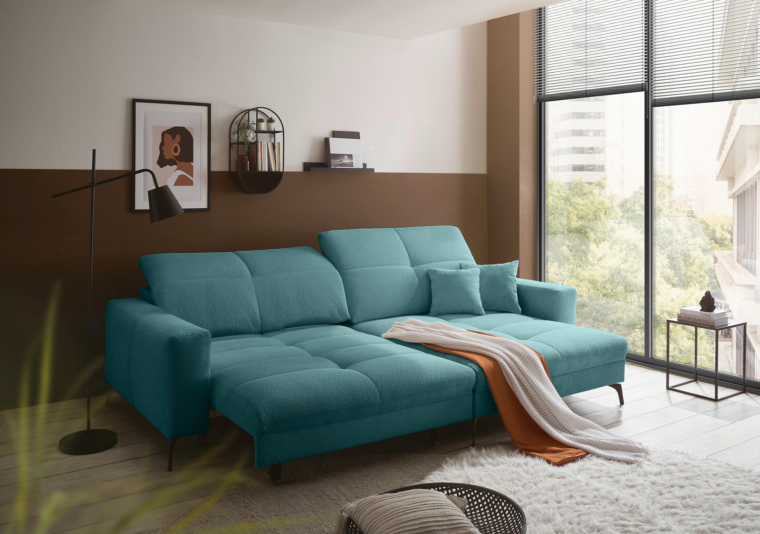 Thumbnail - SetOne by Musterring Ecksofa, Petrol, Textil, 3-Sitzer, Ottomane rechts, L-Form, 285x180 cm, Stoffauswahl, seitenverkehr...