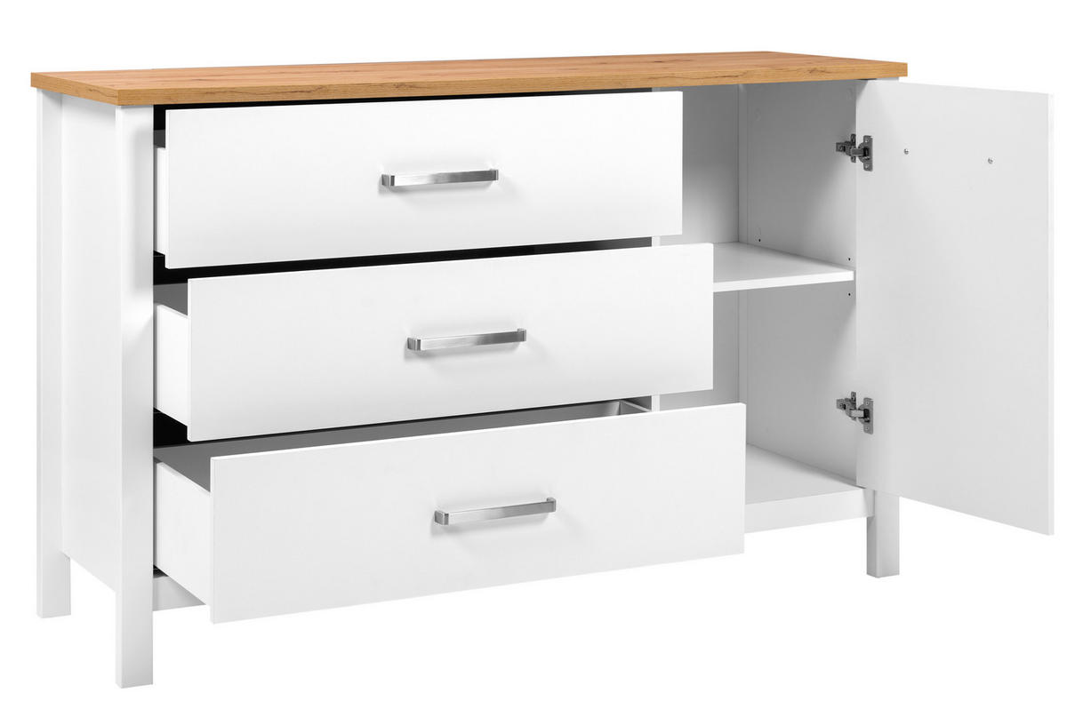 KOMODA   148/92/45 cm   bijela, hrast Artisan  - bijela/srebrne boje, Romantično / ladanjski, drvni materijal/metal (148/92/45cm)