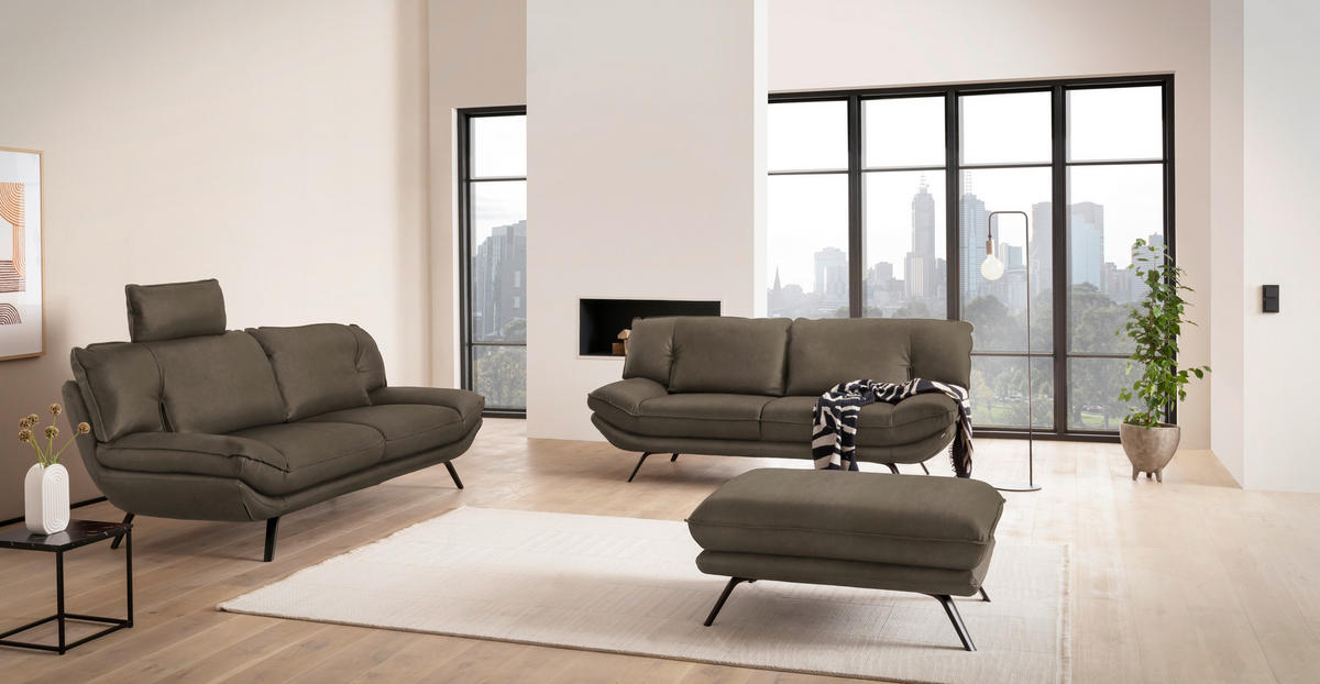 3-SITZER-SOFA in Echtleder Graubraun  - Graubraun/Schwarz, Design, Leder/Metall (226/95/95cm) - Celina