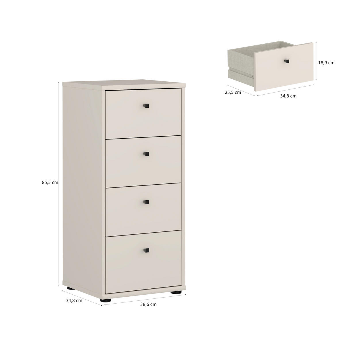 KOMMODE , 38,6/85,5/34,8 cm, 4 Schublade(n)  - Sandfarben/Schwarz, Design, Holzwerkstoff/Kunststoff (38,6/85,5/34,8cm)