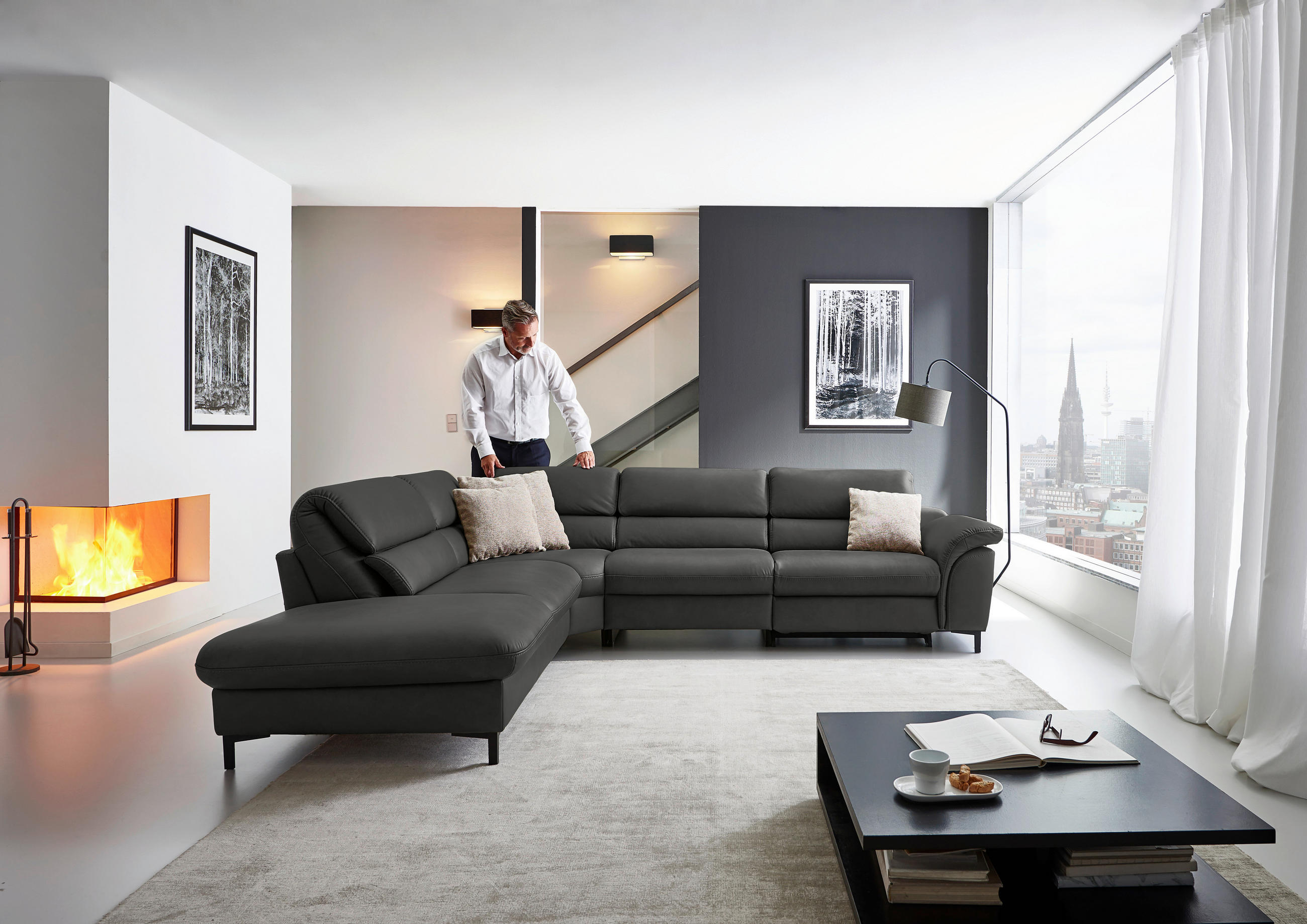 Thumbnail - Hukla Ecksofa Valdera, Schwarz, Leder, Echtleder, Semi-Anilinleder, 3-Sitzer, Ottomane links, Eckteil, L-Form, 280x246 c...