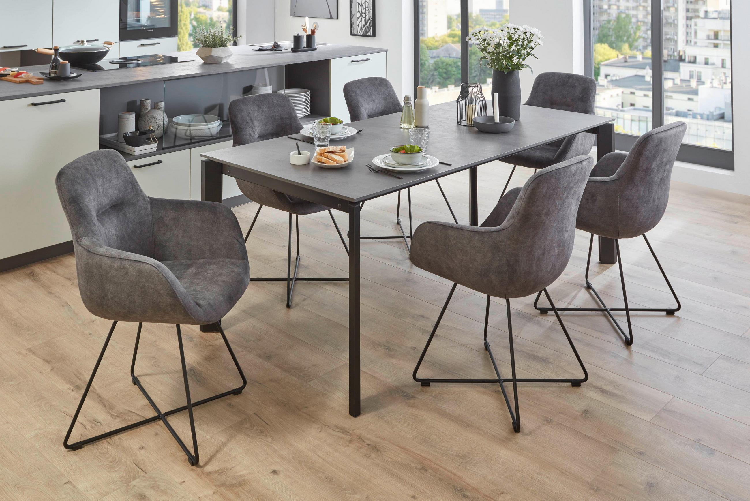 ARMLEHNSTUHL  in Edelstahl Velours  - Schwarz/Grau, Basics, Textil/Metall (62/89/61cm) - Celina Home