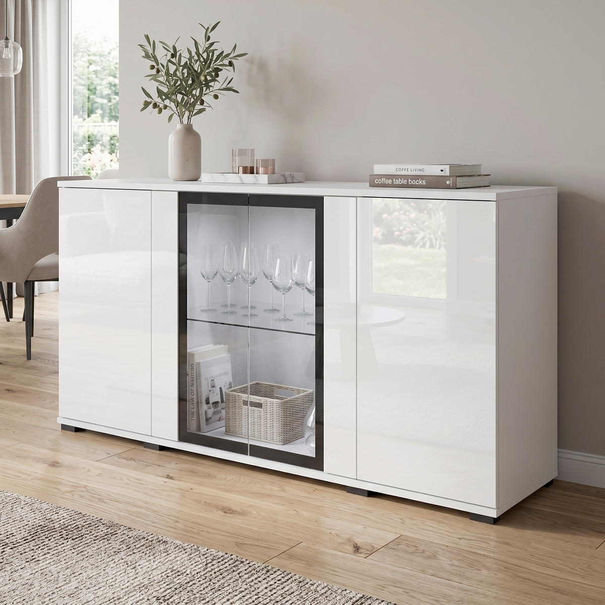 SIDEBOARD Caro 150/69,7/39,5 cm  - Weiß Hochglanz/Schwarz, Design, Glas/Holzwerkstoff (150/69,7/39,5cm) - P & B