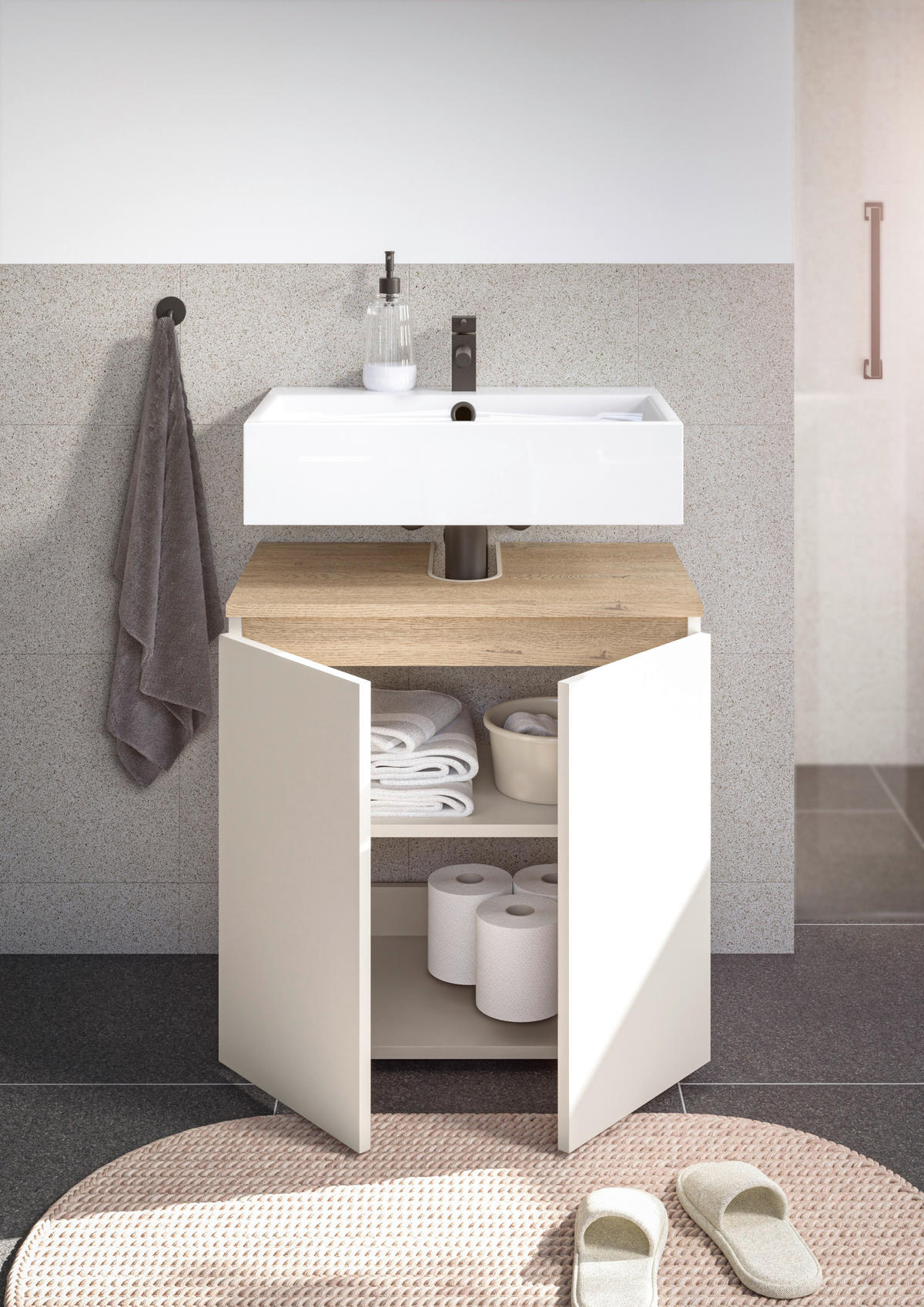 WASCHBECKENUNTERSCHRANK 60/60/38 cm  - Kaschmir/Eichefarben, Design, Holzwerkstoff/Kunststoff (60/60/38cm) - home24