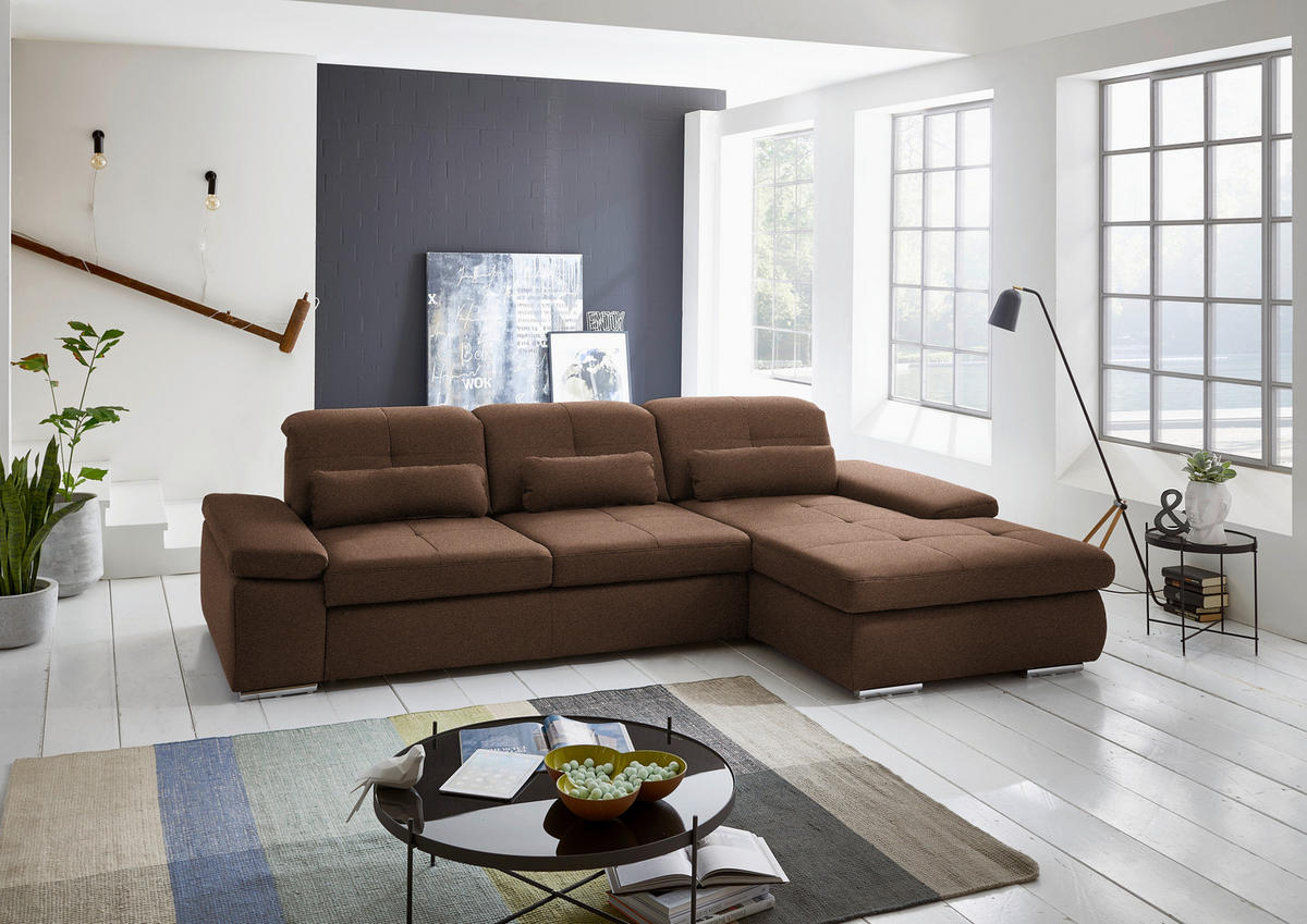 ECKSOFA  in Flachgewebe Haselnussfarben  309/195 cm  - Chromfarben/Haselnussfarben, Design, Textil (309/195cm) - Beldomo Style