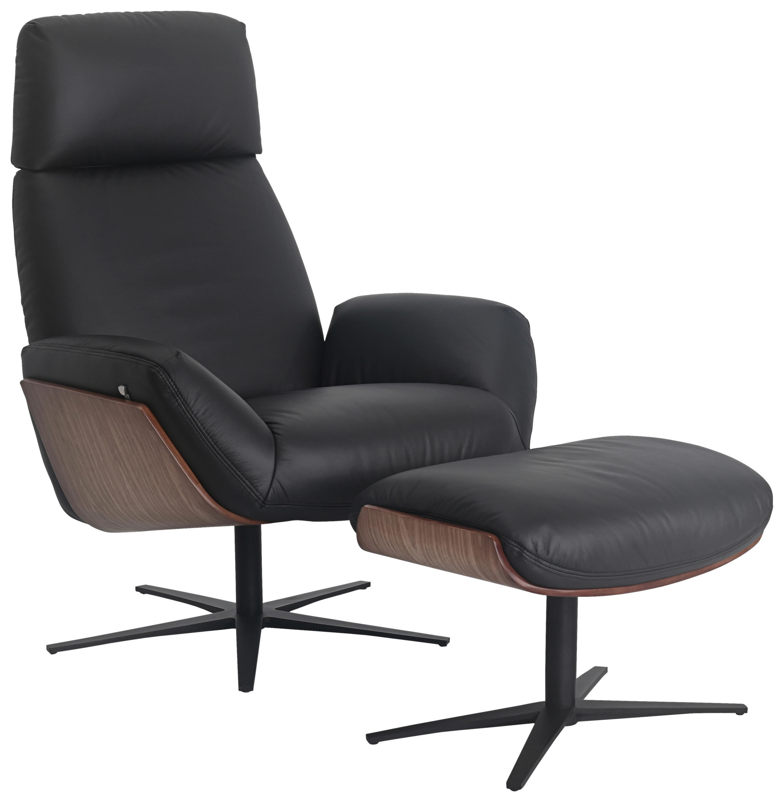 RELAXSESSELSET Echtleder Relaxfunktion, Hocker    - Walnussfarben/Schwarz, Design, Leder/Holz (86/84-124/95-113cm) - Dieter Knoll