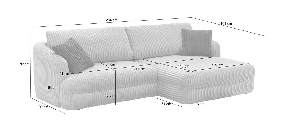 ECKSOFA LUSH in Cord Creme  284/161 cm  - Creme/Schwarz, Design, Kunststoff/Textil (284/161cm) - Livetastic