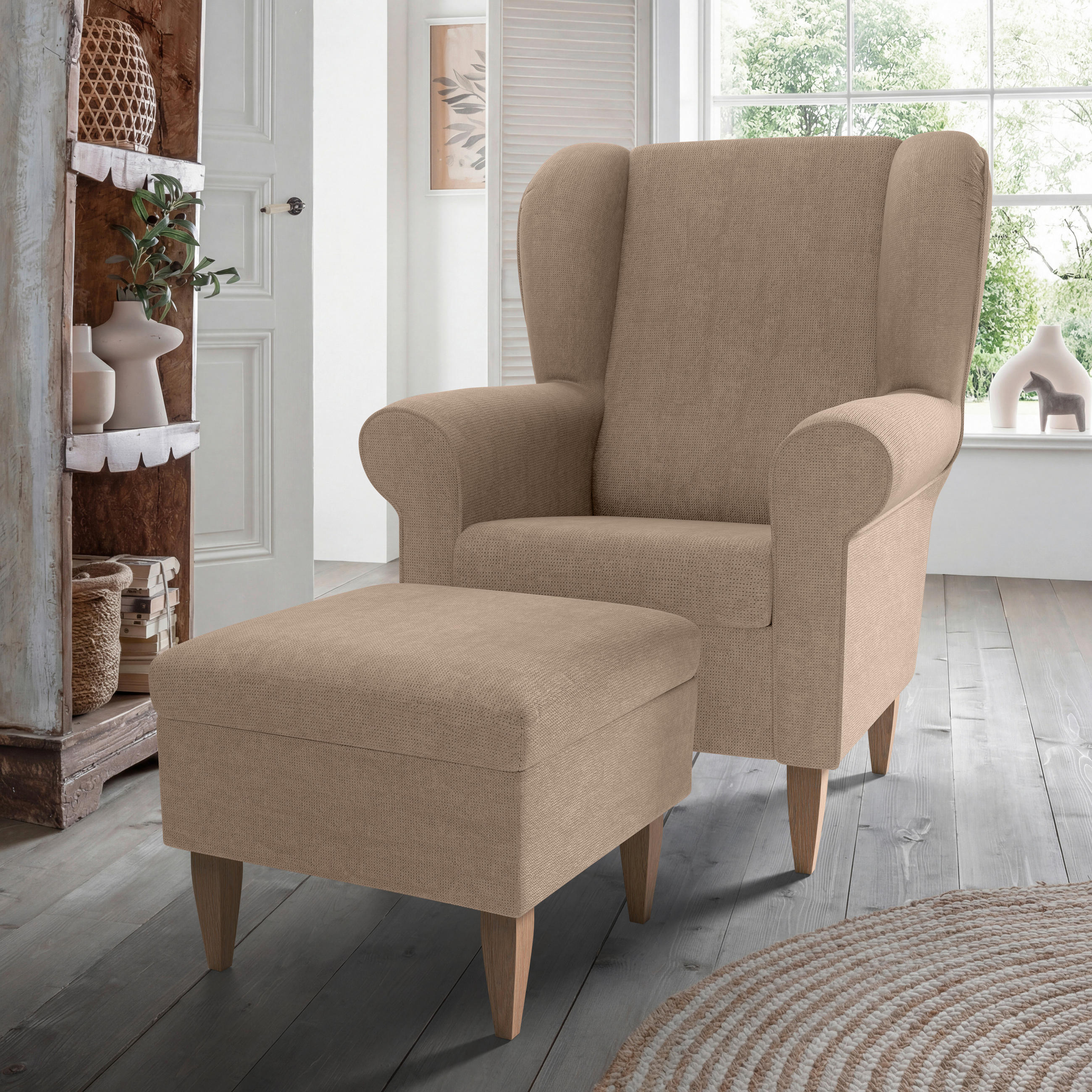 SESSELSET Chenille Hellbraun  - Hellbraun/Naturfarben, Konventionell, Holz/Textil (80/102/86cm) - Livetastic