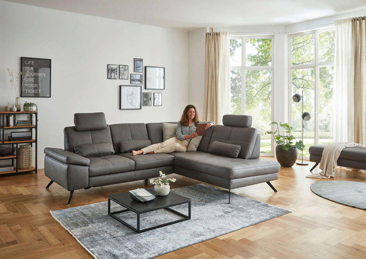 ECKSOFA in Lederlook, Mikrofaser Dunkelgrau  - Dunkelgrau/Schwarz, Design, Textil/Metall (261/220cm) - Beldomo System
