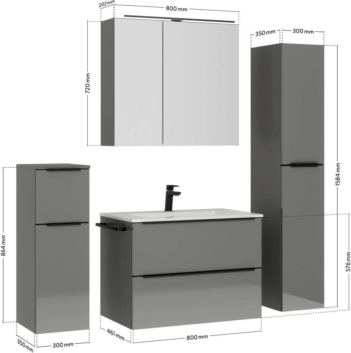 BADEZIMMER 5-teilig  in 141 cm  - Schieferfarben/Schwarz, MODERN, Holzwerkstoff/Stein (141cm) - Nobilia
