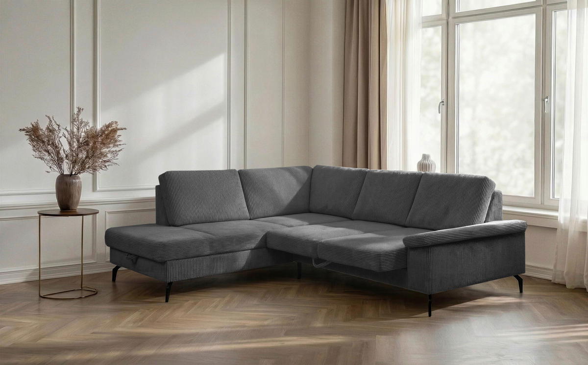 ECKSOFA Anthrazit Velours Bettkasten, Sitzvorzug  - Anthrazit/Schwarz, KONVENTIONELL, Textil/Metall (206/253cm) - Venda